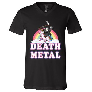 Death Metal Rock Music Rainbow Grim Reaper Riding Unicorn V-Neck T-Shirt