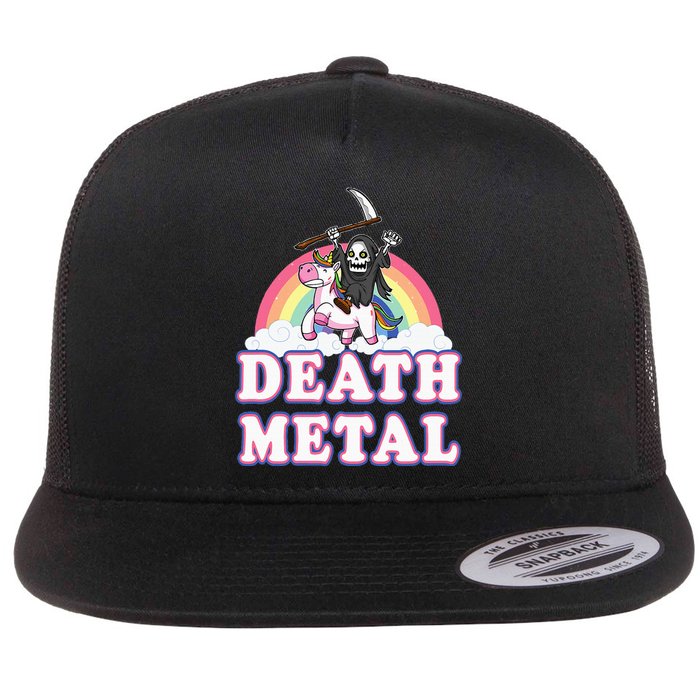 Death Metal Rock Music Rainbow Grim Reaper Riding Unicorn Flat Bill Trucker Hat