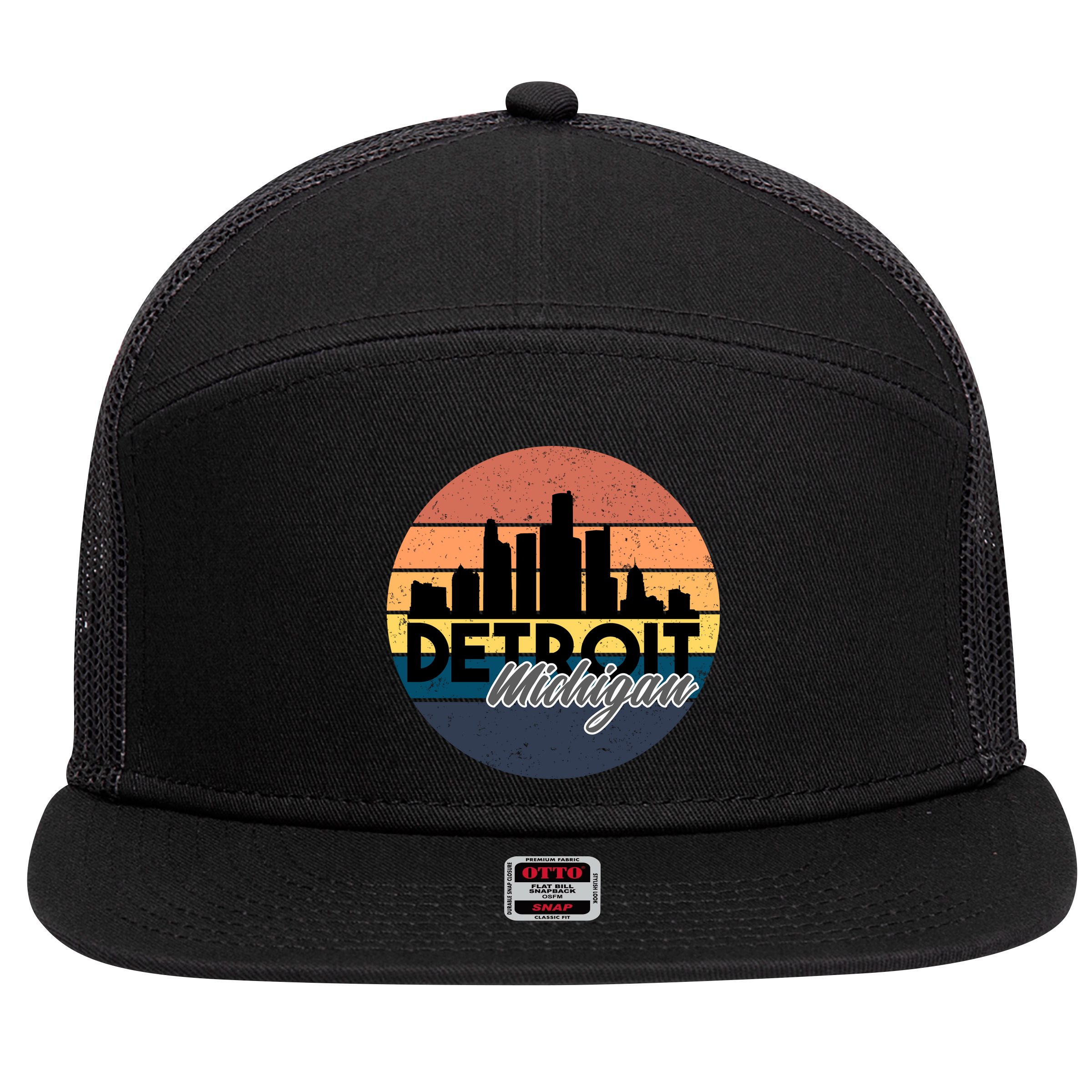 Detroit Michigan Retro Skyline 7 Panel Mesh Trucker Snapback Hat