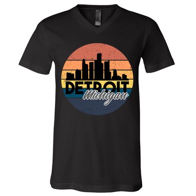 Detroit Michigan Retro Skyline V-Neck T-Shirt