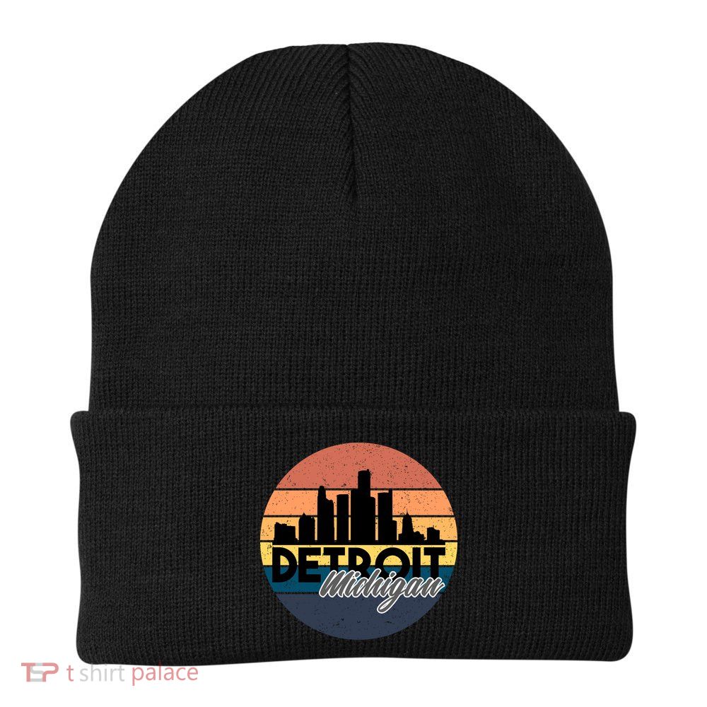 Detroit Michigan Retro Skyline Knit Cap Winter Beanie