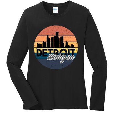 Detroit Michigan Retro Skyline Ladies Long Sleeve Shirt