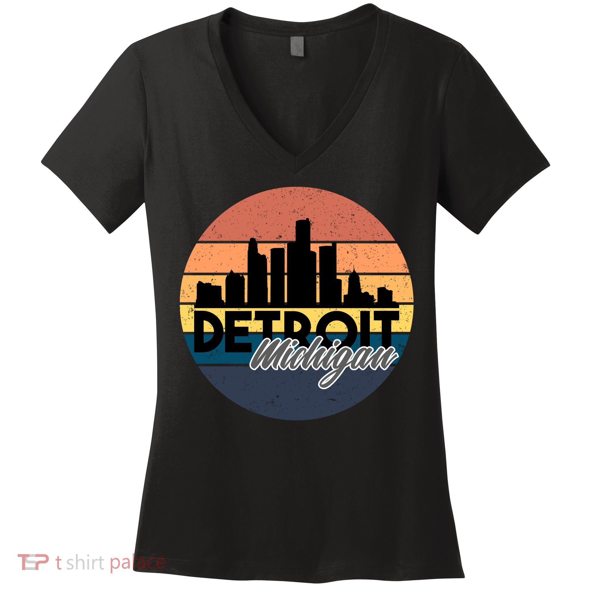 Detroit Michigan Retro Skyline Women's V-Neck T-Shirt