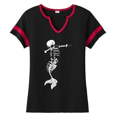 Dabbing Mermaid Skeleton Halloween Creepy Dab Dance Humor Gift Ladies Halftime Notch Neck Tee