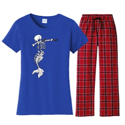 Dabbing Mermaid Skeleton Halloween Creepy Dab Dance Humor Gift Women's Flannel Pajama Set