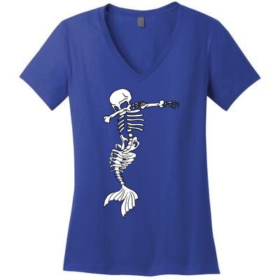 Dabbing Mermaid Skeleton Halloween Creepy Dab Dance Humor Gift Women's V-Neck T-Shirt