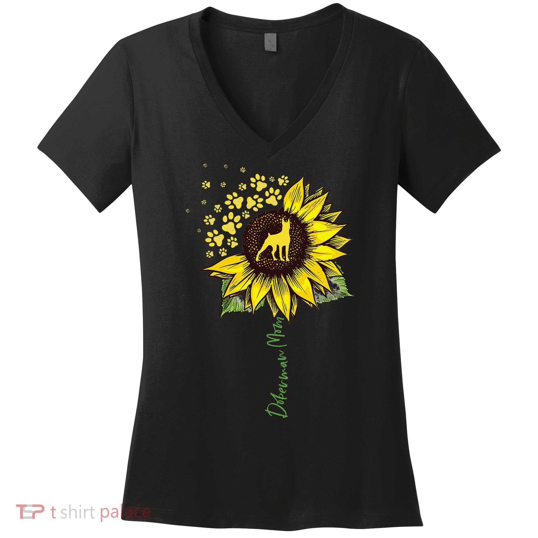 Doberman Mom Sunflower Doberman Pinscher Gifts Dog Mom Mama Women's V-Neck T-Shirt