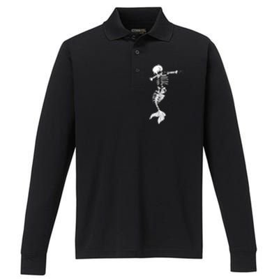 Dabbing Mermaid Skeleton Halloween Creepy Dab Dance Humor Funny Gift Performance Long Sleeve Polo