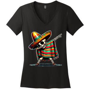 Dabbing Mexican Skeleton Poncho Cinco De Mayo LetS Fiesta Women's V-Neck T-Shirt