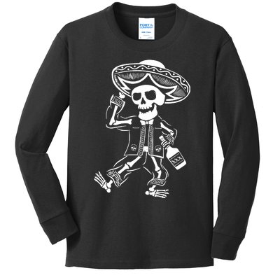 Drunk Mariachi Skeleton Kids Long Sleeve Shirt