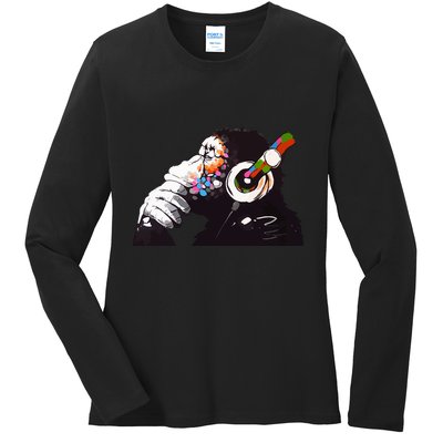 Dj Monkey Thinker Ladies Long Sleeve Shirt