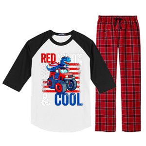 Dinosaur Monster Truck Dino 4th Of July Boy American Flag Raglan Sleeve Pajama Set