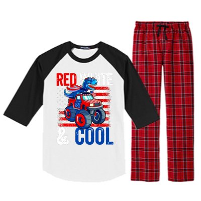 Dinosaur Monster Truck Dino 4th Of July Boy American Flag Raglan Sleeve Pajama Set