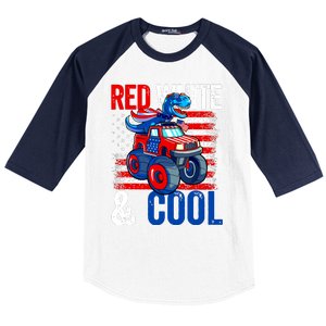 Dinosaur Monster Truck Dino 4th Of July Boy American Flag Baseball Sleeve Shirt