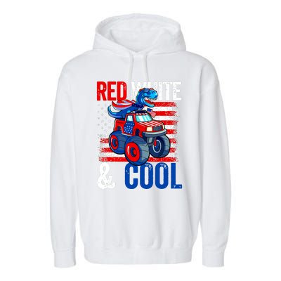 Dinosaur Monster Truck Dino 4th Of July Boy American Flag Garment-Dyed Fleece Hoodie