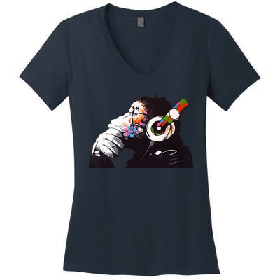 Dj Monkey Thinker Women's V-Neck T-Shirt