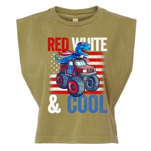 Dinosaur Monster Truck Dino 4th Of July Boy American Flag Garment-Dyed Women's Muscle Tee