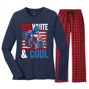 Dinosaur Monster Truck Dino 4th Of July Boy American Flag Women's Long Sleeve Flannel Pajama Set 