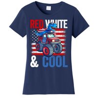 Dinosaur Monster Truck Dino 4th Of July Boy American Flag Women's T-Shirt