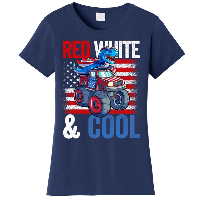 Dinosaur Monster Truck Dino 4th Of July Boy American Flag Women's T-Shirt