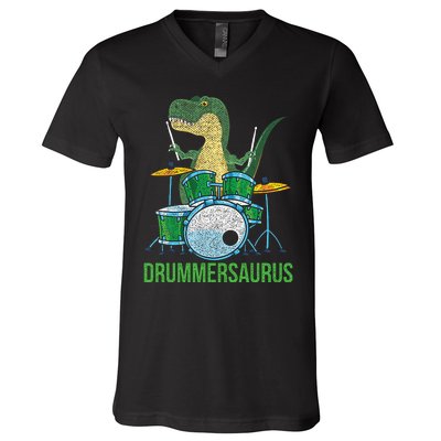 Dinosaur Musician T Rex Drummer Gift Drums V-Neck T-Shirt