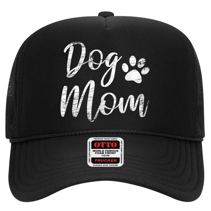 Dog Mom Vintage Distressed Design Funny Dog Paw High Crown Mesh Back Trucker Hat