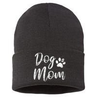 Dog Mom Vintage Distressed Design Funny Dog Paw Sustainable Knit Beanie