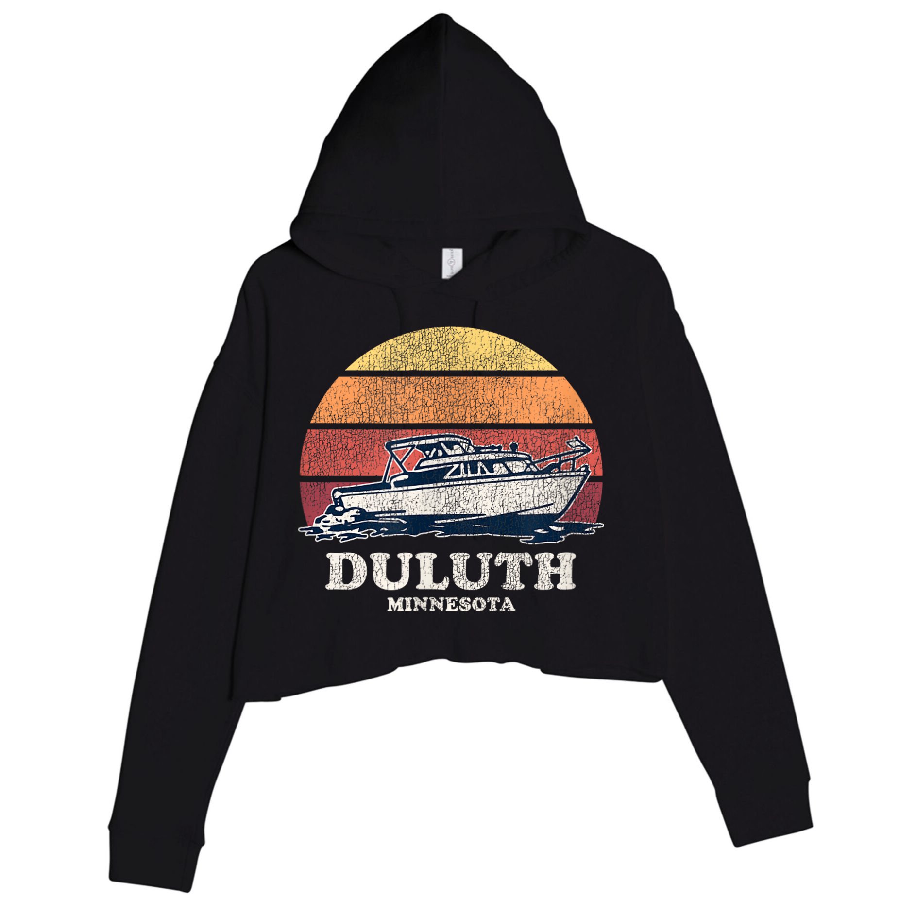 Duluth MN Vintage Boating 70s Retro Boat Crop Fleece Hoodie
