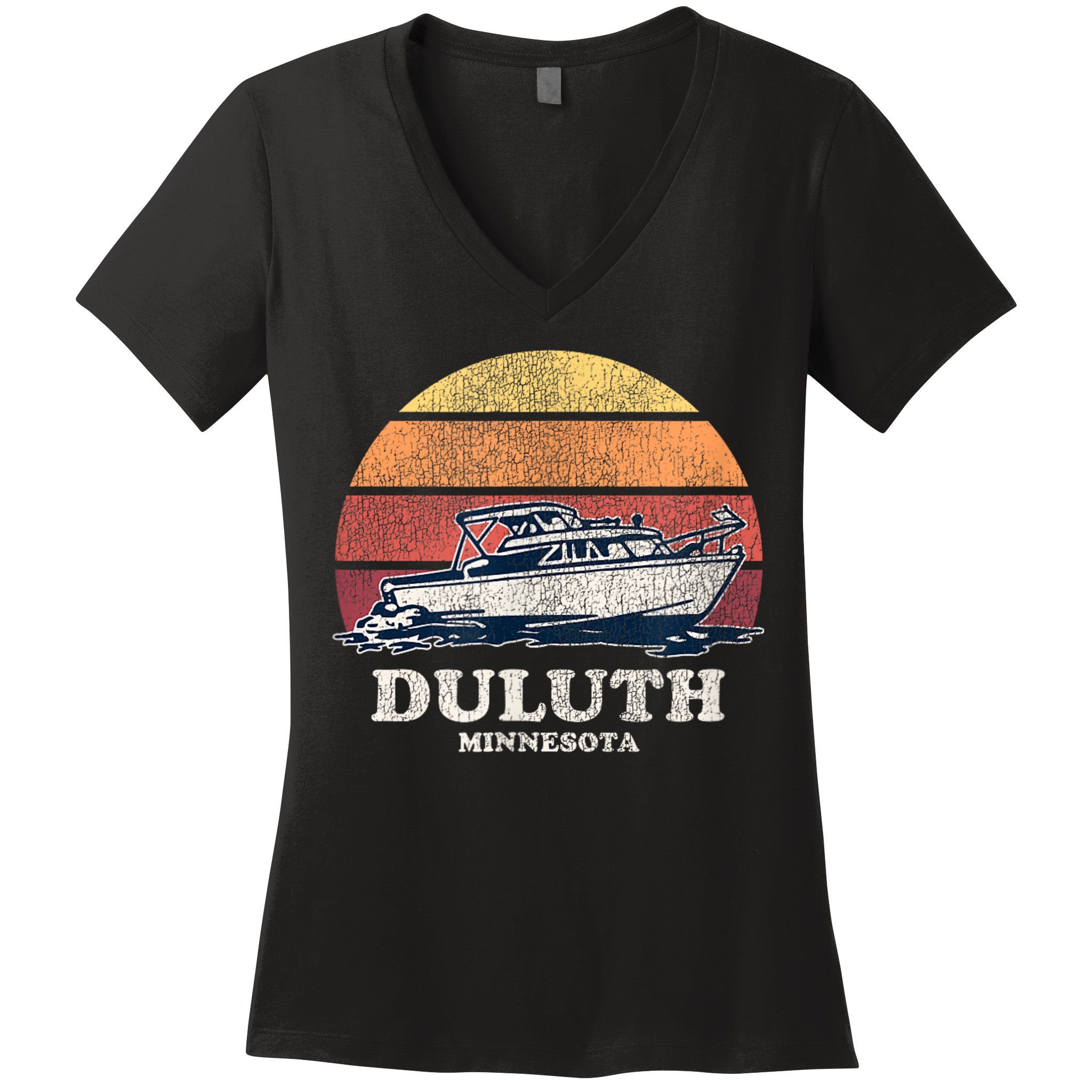 Duluth MN Vintage Boating 70s Retro Boat Women's V-Neck T-Shirt