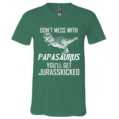 Don't Mess With Papasaurus Jurasskicked V-Neck T-Shirt