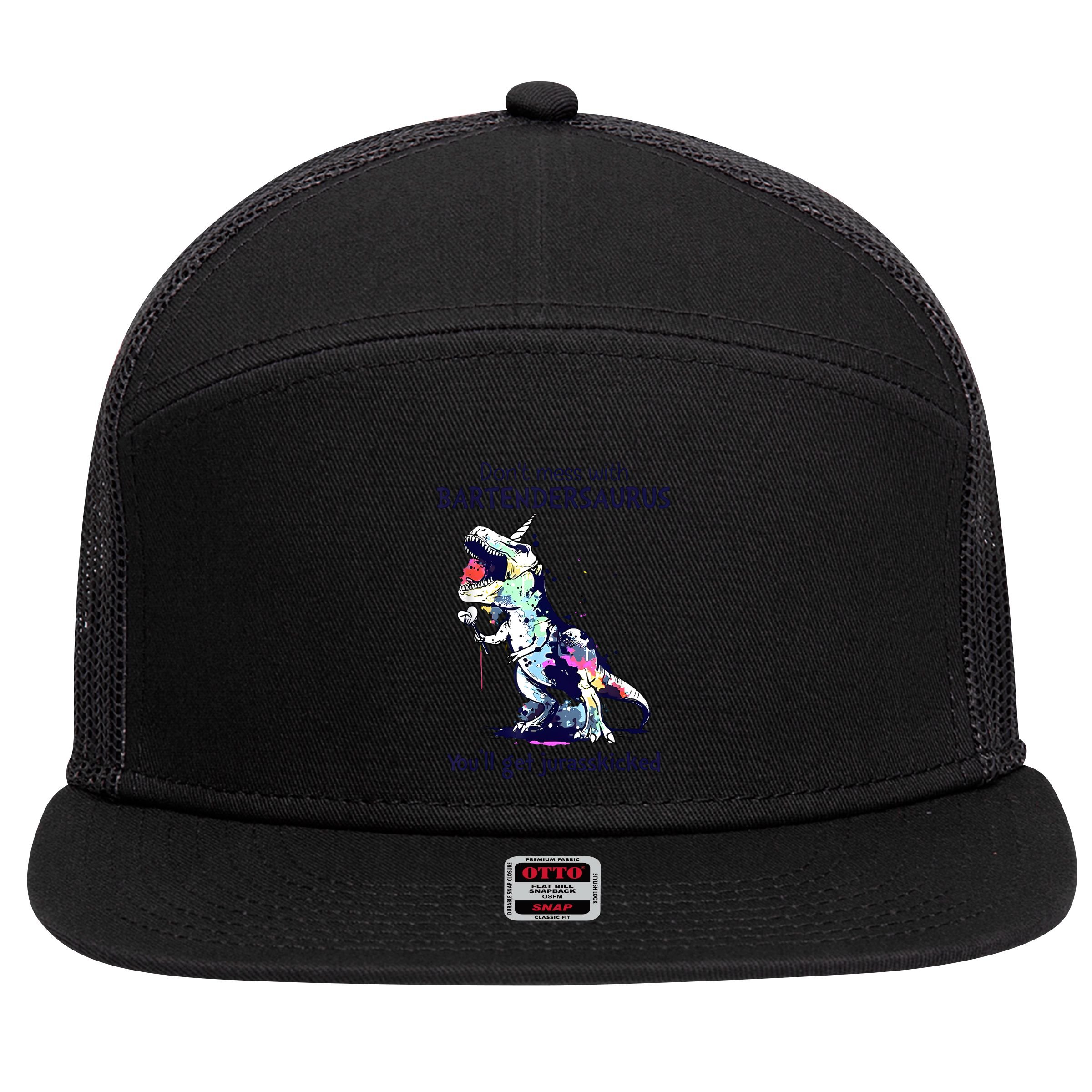 Don’T Mess With Bartendersaurus You’Ll Get Jurasskicked 7 Panel Mesh Trucker Snapback Hat