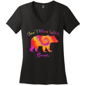 Don't Mess with Mama Bear Funny Mother's Day Tie Dye Women's V-Neck T-Shirt