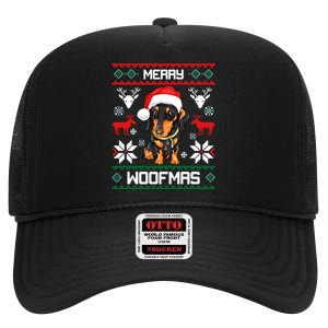 Dachshund Merry Woofmas Gift For Christmas Doxie Xmas Long Sleeve High Crown Mesh Back Trucker Hat