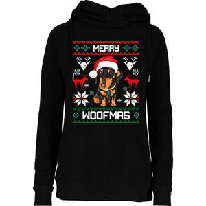 Dachshund Merry Woofmas Gift For Christmas Doxie Xmas Long Sleeve Womens Funnel Neck Pullover Hood