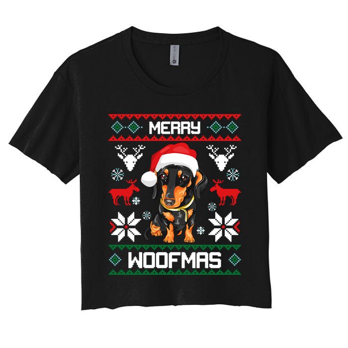 Dachshund Merry Woofmas Gift For Christmas Doxie Xmas Long Sleeve Women's Crop Top Tee