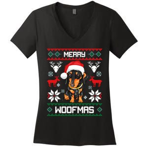 Dachshund Merry Woofmas Gift For Christmas Doxie Xmas Long Sleeve Women's V-Neck T-Shirt