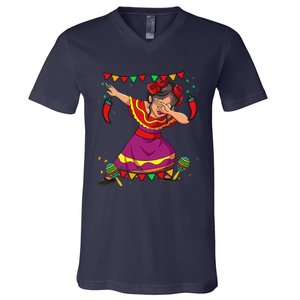 Dabbing Mexican Woman Cinco De Mayo V-Neck T-Shirt