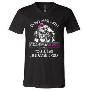 Dont Mess With Grandmasaurus Youll Get Jurasskicked Grandma V-Neck T-Shirt