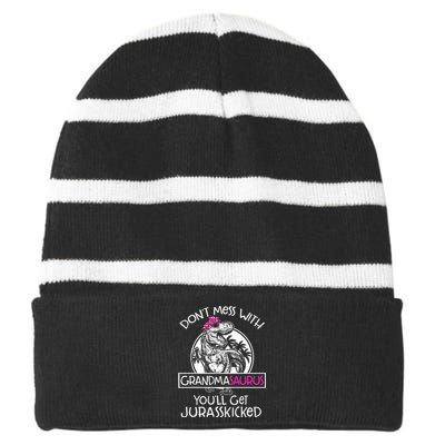 Dont Mess With Grandmasaurus Youll Get Jurasskicked Striped Beanie with Solid Band