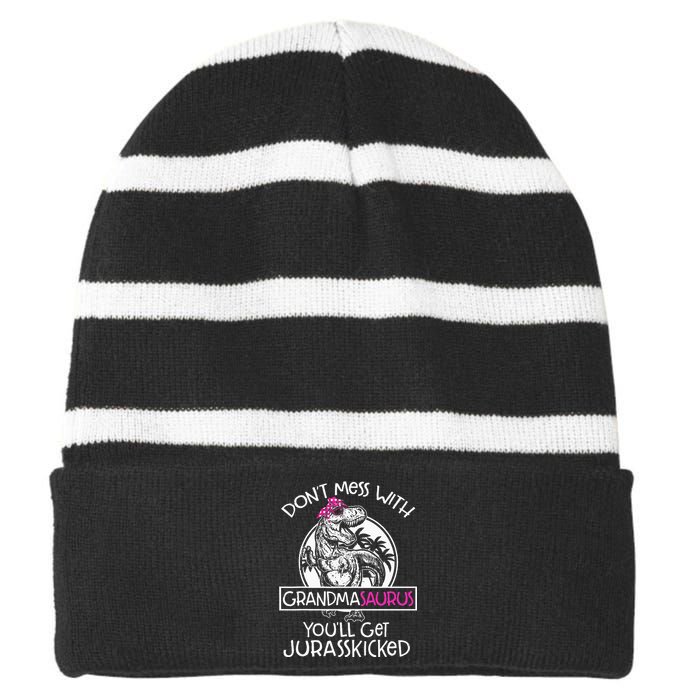 Dont Mess With Grandmasaurus Youll Get Jurasskicked Striped Beanie with Solid Band