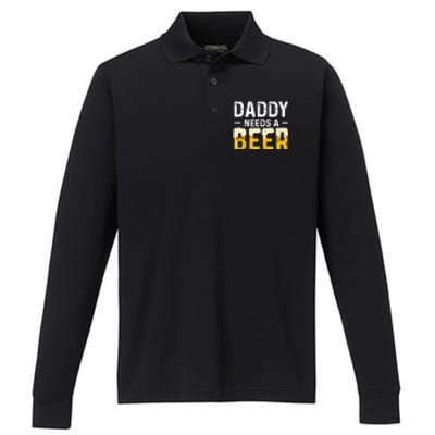 Daddy Needs A Beer Funny Vintage Performance Long Sleeve Polo