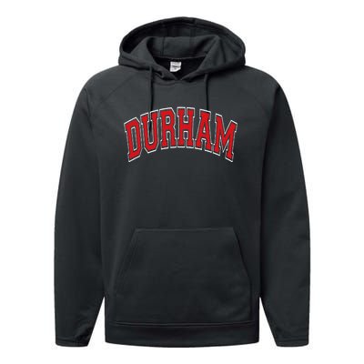 Durham North Carolina NC Varsity Style Red Text Performance Fleece Hoodie