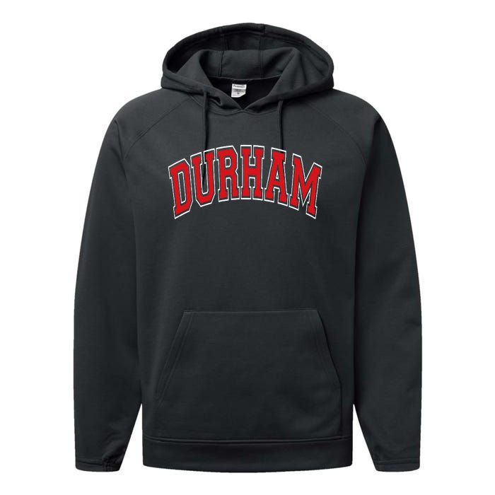 Durham North Carolina NC Varsity Style Red Text Performance Fleece Hoodie