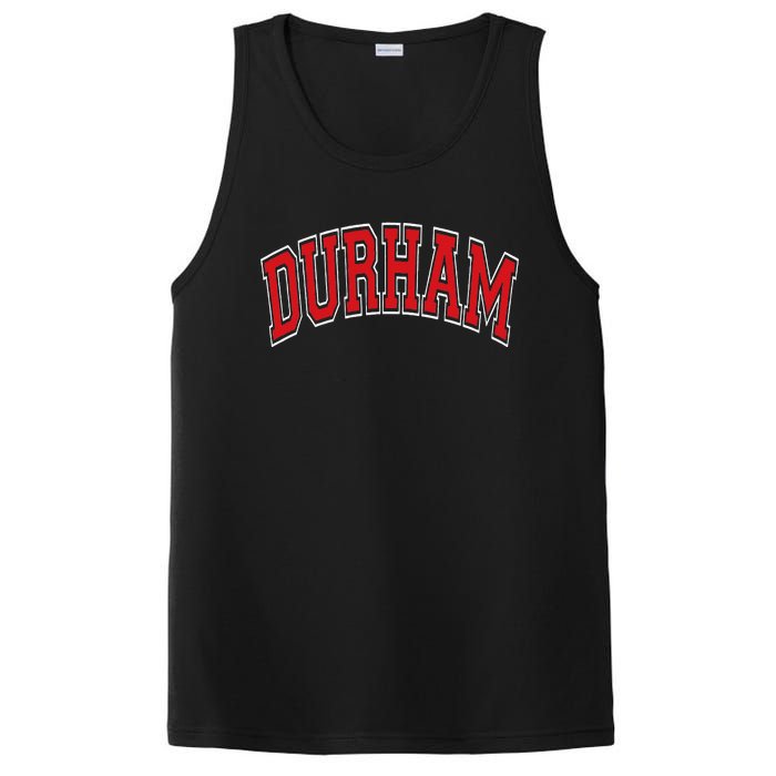 Durham North Carolina NC Varsity Style Red Text PosiCharge Competitor Tank