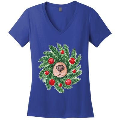 Dog Nose Christmas Wreath Christmas Dog Women's V-Neck T-Shirt