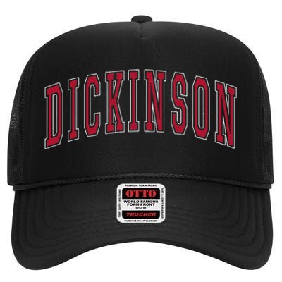 Dickinson North Dakota Souvenir College Style Red Text High Crown Mesh Back Trucker Hat