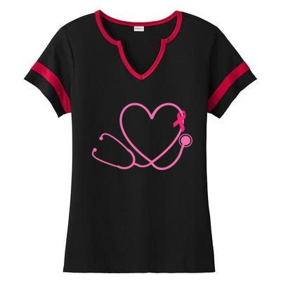 Doctor Nurse Heart Love Pink Ribbon Cute Breast Cancer Ladies Halftime Notch Neck Tee