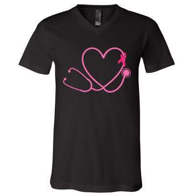 Doctor Nurse Heart Love Pink Ribbon Cute Breast Cancer V-Neck T-Shirt