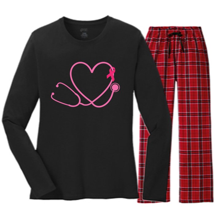 Doctor Nurse Heart Love Pink Ribbon Cute Breast Cancer Women's Long Sleeve Flannel Pajama Set 