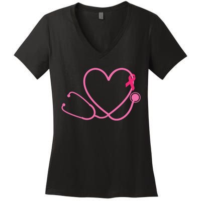 Doctor Nurse Heart Love Pink Ribbon Cute Breast Cancer Women's V-Neck T-Shirt